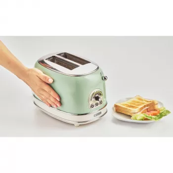 Ariete 155 Design 2 Šķēlīšu Toasteris ar Sviestmaižu Būriem, 6 Grauzdēšanas Līmeņi, 810 W, Nerūsējošā Tērauda Korpuss, Noņemama Drupaču Paplāte, Pasteļzaļš