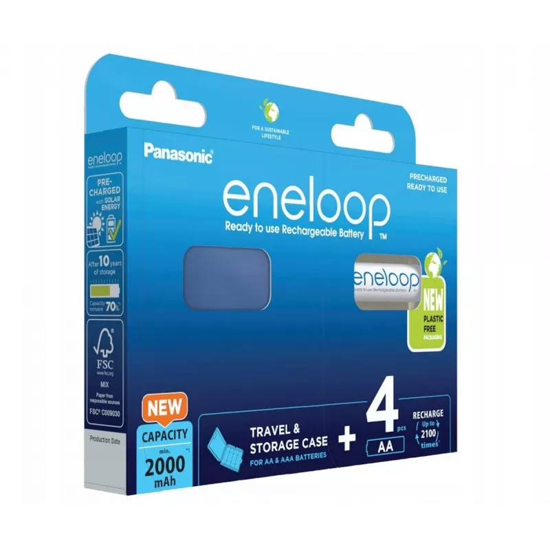 PANASONIC ENELOOP AA 2000 mAh uzlādējamās baterijas, 4 gab. + futrālis (BK-3MCDE/4CP+CASE)