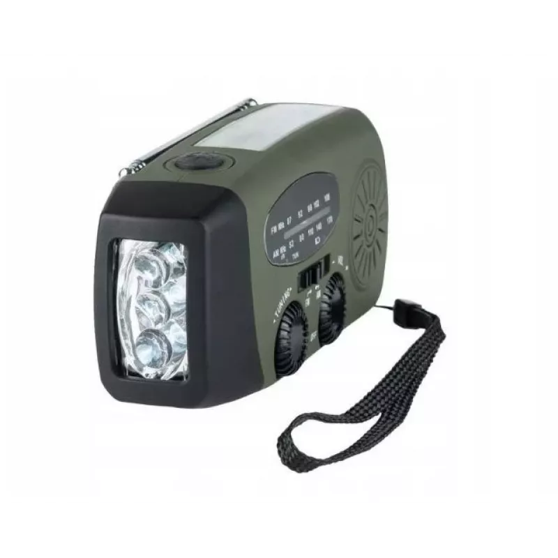 Ārkārtas radio FOSCO 464600 ar LED lukturīti, power bank, FM, IPX3, saules/manuālo/USB-C uzlādi — zaļš/melns