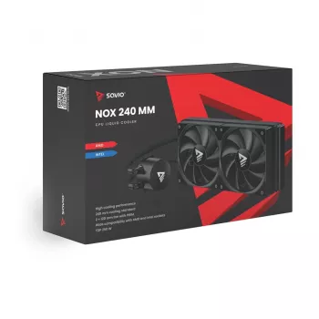 Šķidruma dzesēšanas komplekts SAVIO NOX 240 mm — 240 mm radiators, 2×120 mm ventilatori, alumīnija radiators, vara pamatne, atbalsta LGA 2011/2011-v3/2066/1200/115x/775
