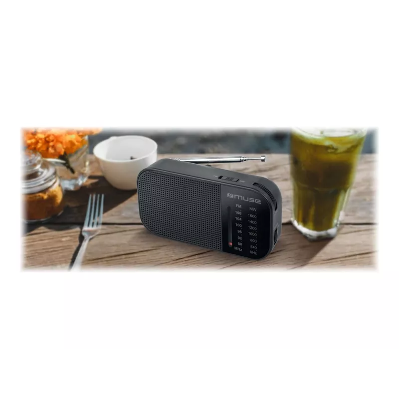 Portatīvais radio Muse M-025 R — MW/FM, melns, bateriju darbināms, kompakts (32×130×70 mm)