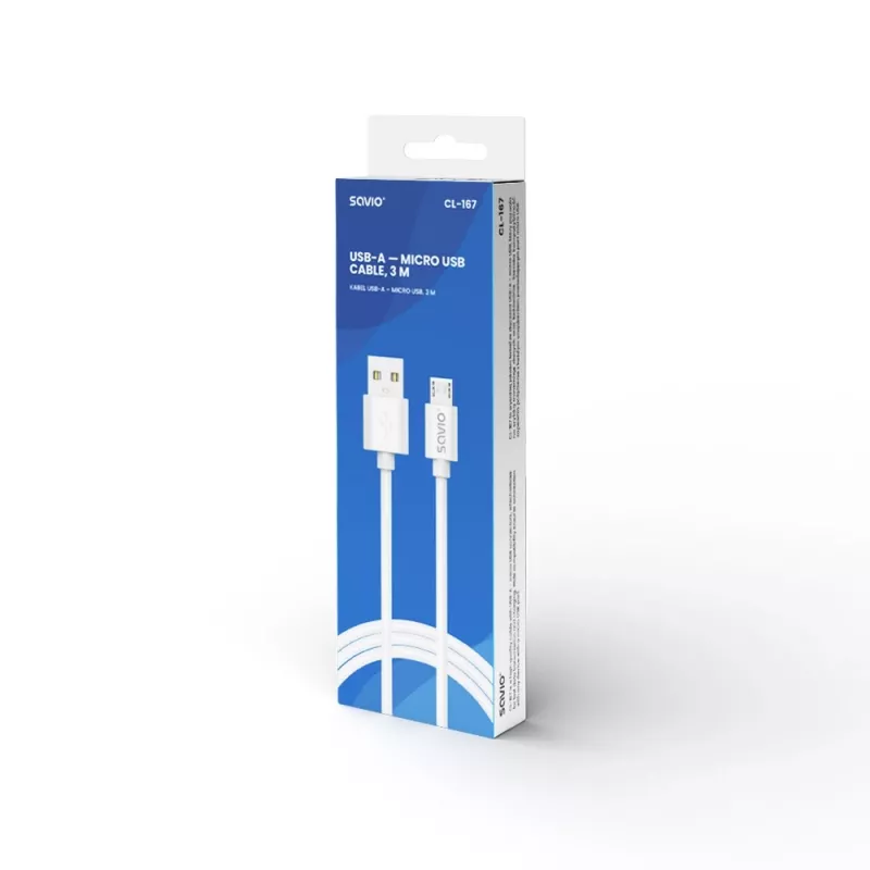 Savio USB 2.0 USB A - Micro USB balts CL-167 3 m kabelis