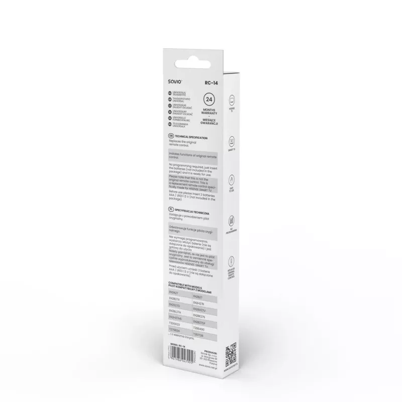 Universālā tālvadības pults SAVIO RC-14 Hisense Smart TV, IR bezvadu, atbalsta 14 ierīces, darbības rādiuss līdz 10 m, melna