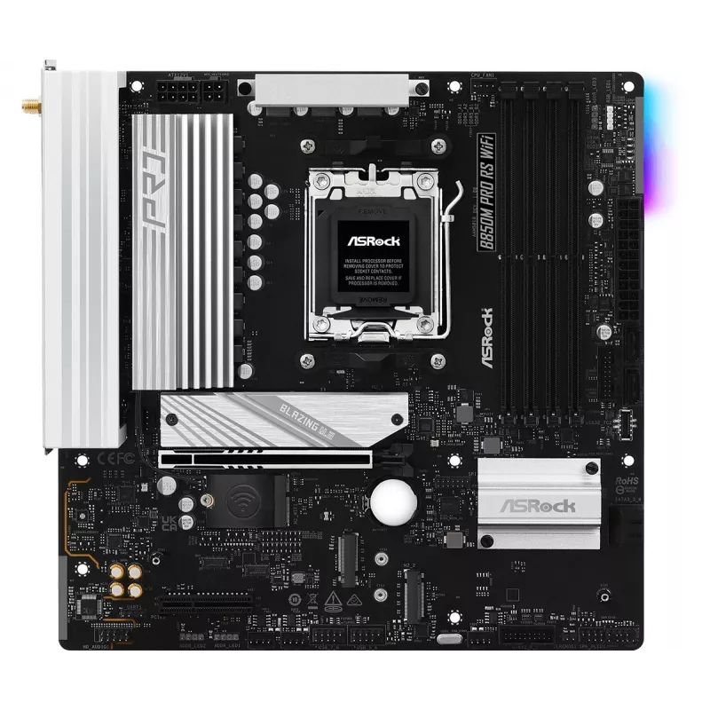 Mātesplate ASRock B850M Pro RS WiFi — AMD B850, Socket AM5, microATX, DDR5, 4 DIMM, 256GB, Wi‑Fi 6E, 2.5Gb LAN, 3x M.2