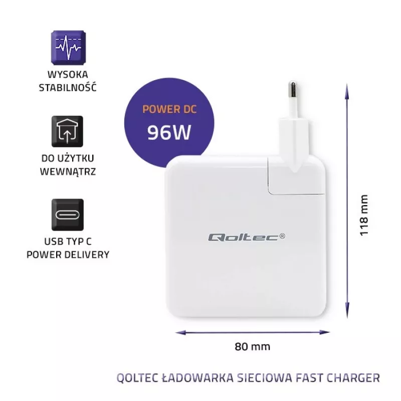 Lādētājs QOLTEC 51709, 96W USB-C PD, izejas diapazons 5V–20V
