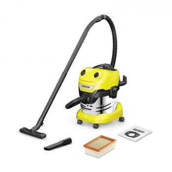 Putekļsūcējs Karcher WD 4 S V-20/5/22 — 20 L nerūsējošā tērauda tvertne, 5 m šļūtene, 1000 W, slapjai un sausai tīrīšanai