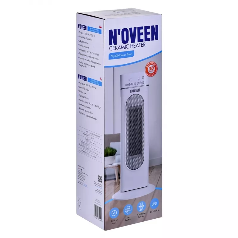 Keramiskais sildītājs NOVEEN PTC3000, 2000 W (1200 W min), LED displejs, taimeris, tālvadība, šūpošanās, balts