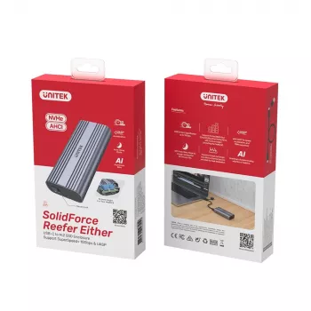 SSD korpuss Unitek SolidForce Reefer Grey — M.2 NVMe PCIe, USB‑C 10 Gbit/s, alumīnijs, 1 disks