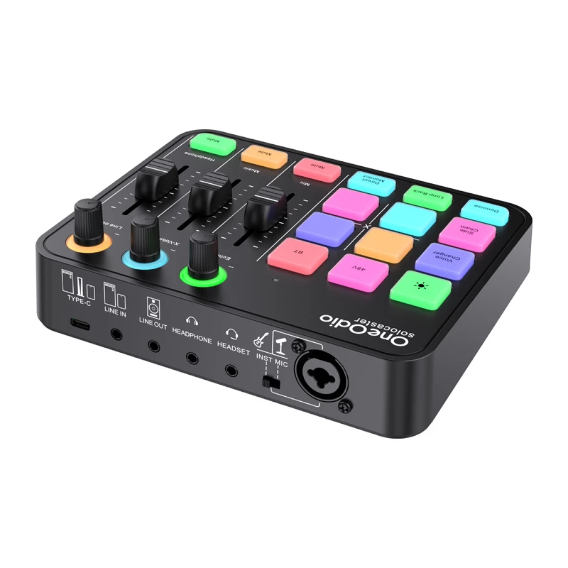 Audio mikseris un USB skaņas karte OneOdio Solocaster — kompakts darbvirsmas interfeiss straumēšanai un ierakstīšanai