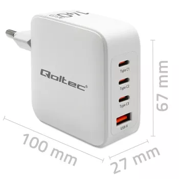 Lādētājs QOLTEC 51828 140W GaN 3×USB‑C PD + 1×USB‑A QC 3.0 – daudzportu ātrais lādētājs