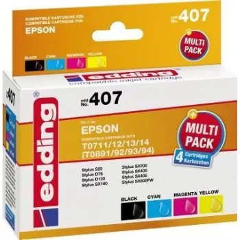 edding printera kasetnes EDD-407 melna, ciāna, fuksīna, dzeltena saderīgas ar EPSON T0715, 4 komplektā