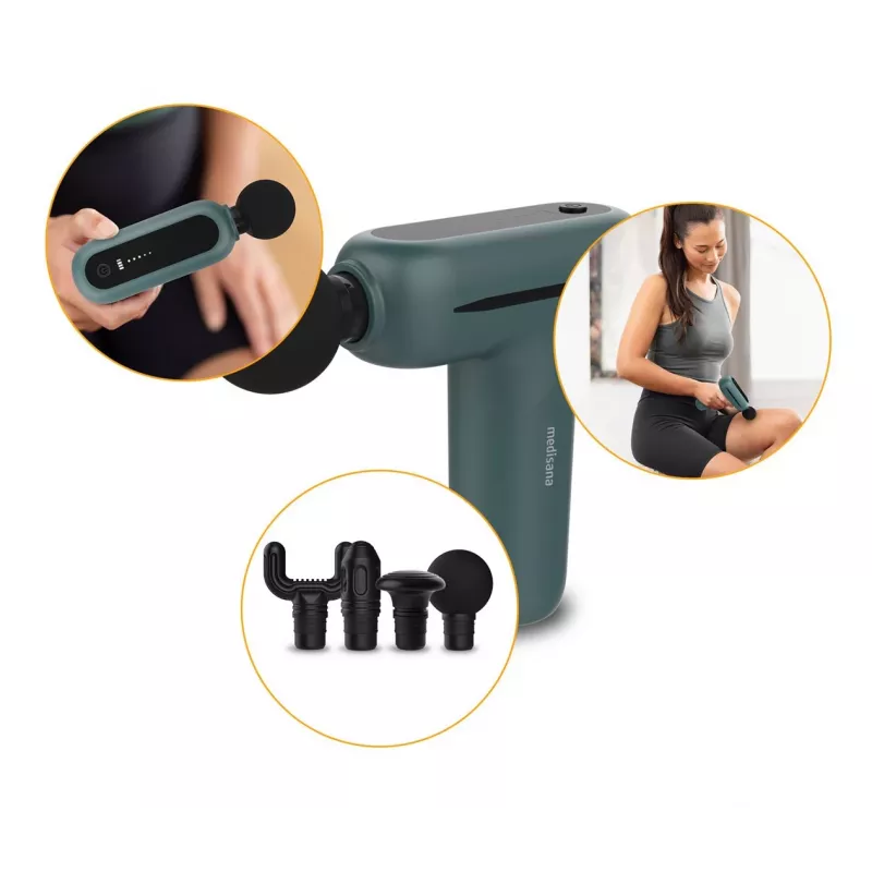 Medisana MG 200 mini masāžas pistole, Smart Mode, 4 galviņas, 5 intensitātes pakāpes, 147 x 126 x 50 mm, pelēka
