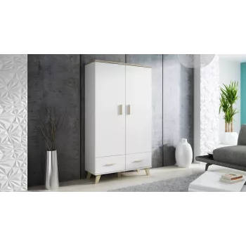 Garderobes skapis cama meble LOTTA 2D2D, 2 durvis, Sonomas ozola rāmis ar baltām fasādēm, 1100×550×1900 mm