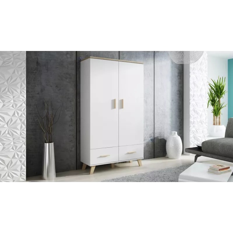 Garderobes skapis cama meble LOTTA 2D2D, 2 durvis, Sonomas ozola rāmis ar baltām fasādēm, 1100×550×1900 mm