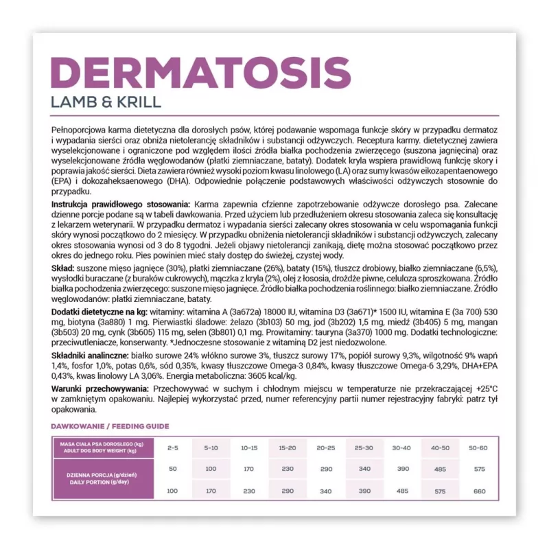 VETEXPERT Veterinary Diet Dermatosis Dog Lamb & Krill sausā barība suņiem, 2 kg