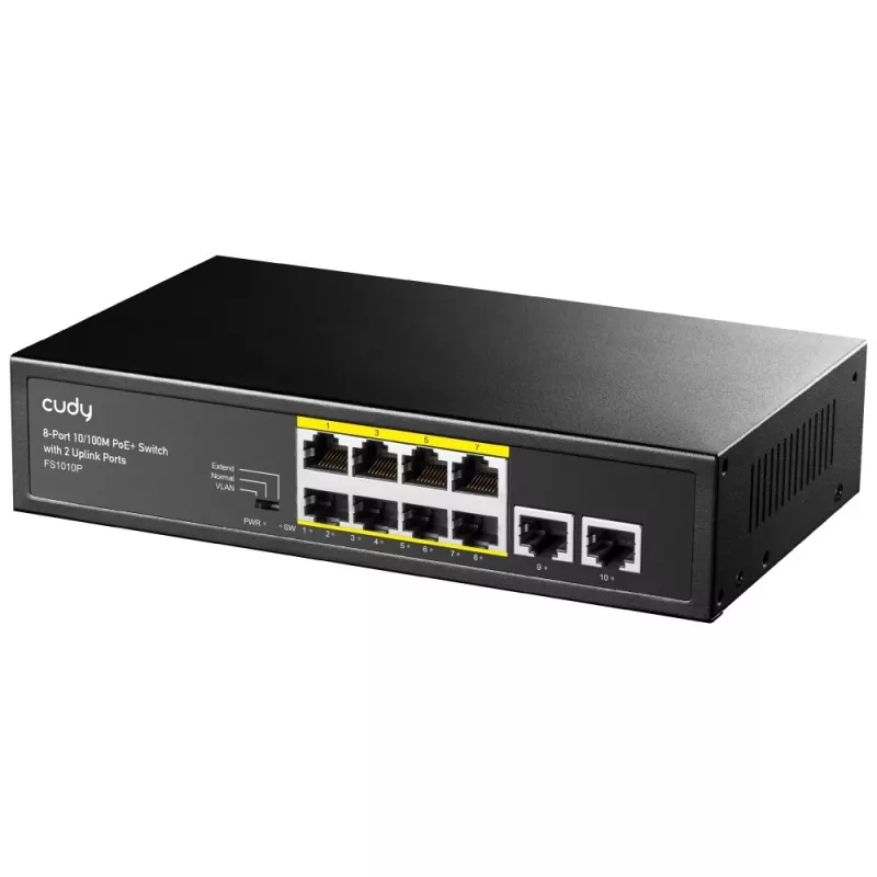 Nepārvaldāms tīkla slēdzis Cudy FS1010P ar 8 PoE+ un 2 uplink portiem, Fast Ethernet (10/100), 120 W, melns