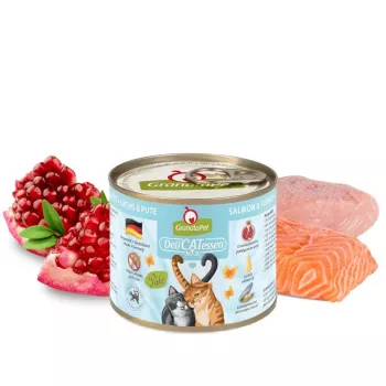 Slapjā barība kaķiem Fox4Pets DeliCATessen Lasis un Tītars 200 g — bezgraudu, bezglutēna, pilnvērtīga barība pieaugušiem kaķiem