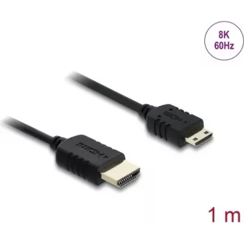 HDMI kabelis DELOCK 81684 — 1 m, HDMI Type A (vīrišķais) uz HDMI Type C (vīrišķais), 48 Gbit/s, 7680×4320, melns