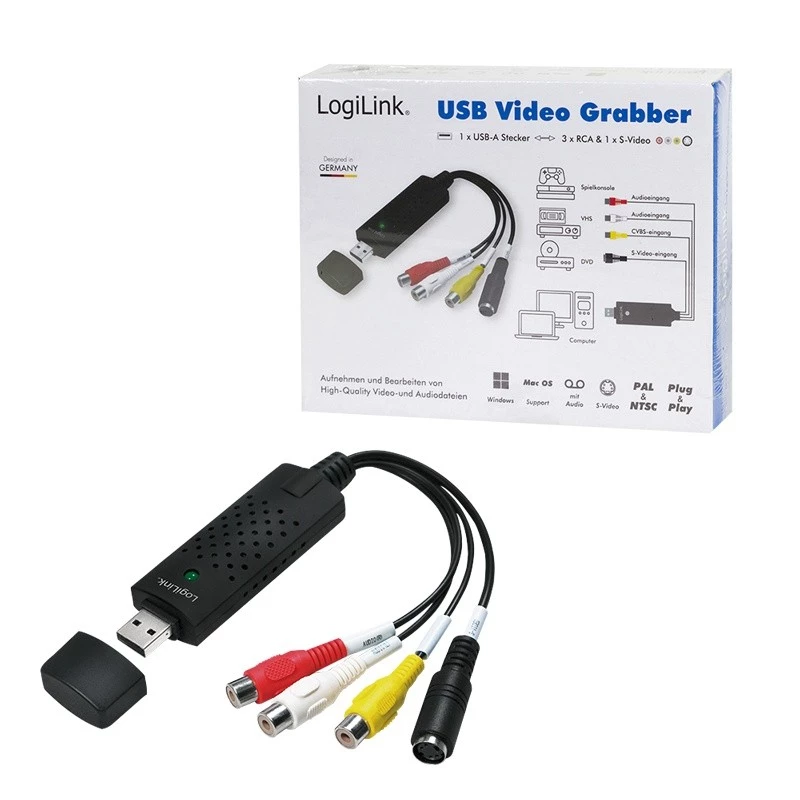 LogiLink USB 2.0 A/V grabber, USB A/M uz 3x RCA + MiniDIN5/F, melns