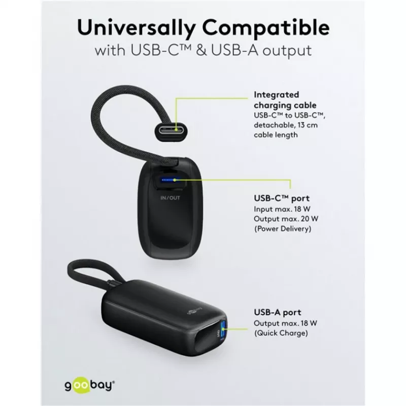Powerbank 5.000 mAh ar integrētu USB-C kabeli 13cm, 20W (melns, 5 Ah, 1x USB-A, 1x USB-C, PD, QC)