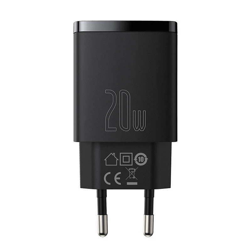 Baseus CCXJ-B01 — ātrs lādētājs 2-portu (USB-C PD 20W + USB-A QC3.0 18W), 100–240V, Melns
