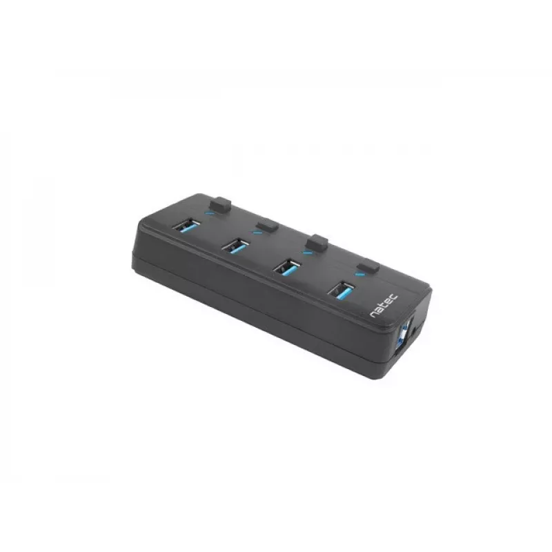 USB centrmezgls NATEC MANTIS USB 2.0 Type-B — 4x USB 3.2 Gen 1 Type-A porti, melns, 0,8 m kabelis, tīkla adapteris, barošanas slēdzis
