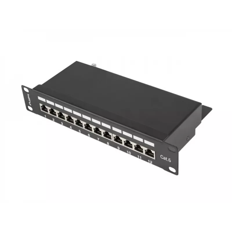 Patch panel LANBERG PPF6-9012-B — 12 porti RJ45, metāls, melns, 1U (215×44.5×130 mm)