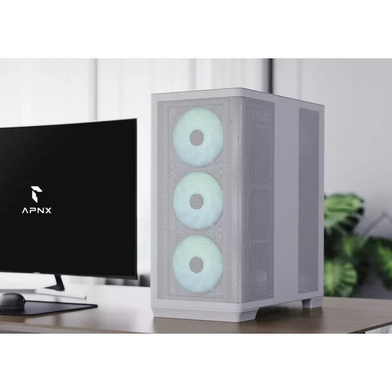 APNX PC Midi Tower C1-R-WT-v1 — Balts, ATX/Micro-ATX/Mini-ITX, 3x120 mm priekšējie ventilatori, 3x3.5 inch + 3x2.5 inch sloti, USB 3.2 Gen1 x2