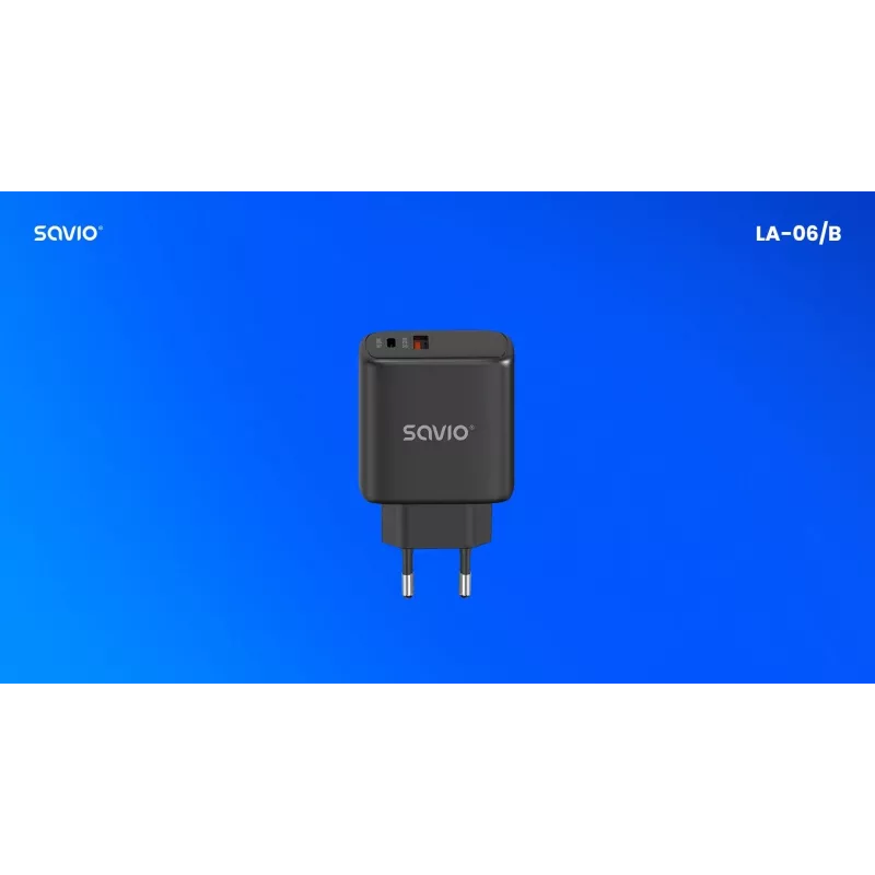 SAVIO LA-06/B 30 W sienas uzlādes ierīce, USB-A + USB-C, Quick Charge, Power Delivery 3.0, melna