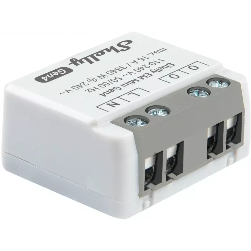 Shelly Relay EM Mini Gen4 1-kanāla viedais relejs ar enerģijas mērītāju, Wi‑Fi Matter Zigbee Bluetooth, 8A, 110–240V