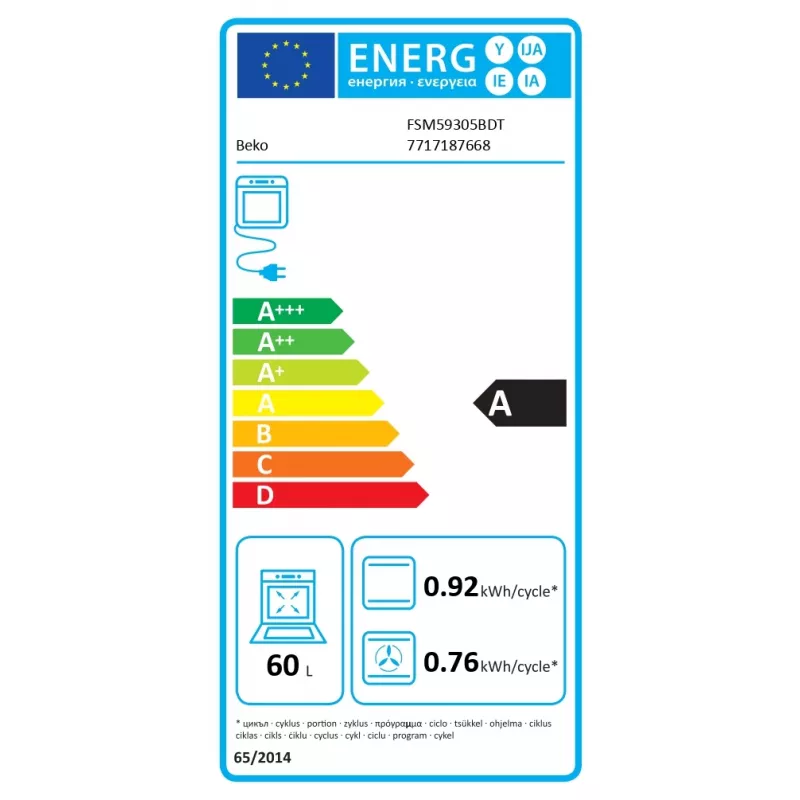 Indukcijas plīts ar elektrisko cepeškrāsni Beko FSM59305BDT, 60 L, 50 cm plata, melna, A energoklase, 4 zonu indukcijas virsma ar pastiprināšanas funkciju