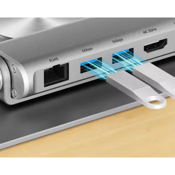 Piezīmjdatora statīvs Unitek D1109B01 — alumīnija regulējams statīvs ar atvienojamu USB‑C moduli, HDMI 4K, PD 100W, 2x USB‑A, RJ‑45, līdz 17 collu