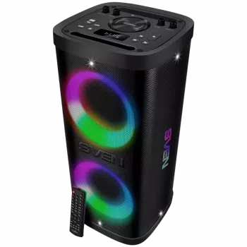 Portatīvais skaļrunis SVEN PS-950, melns, jauda 2x80W (RMS), TWS, Bluetooth, IPx4, FM, USB, microSD, LED displejs, litija baterija