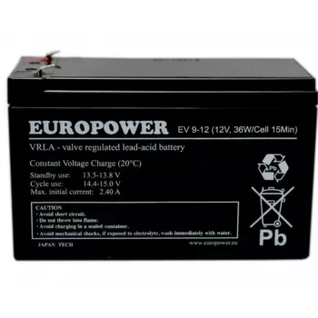 Svina-skābes noslēgtais akumulators europower EV 12-9 — 12 V 9 Ah UPS un rezerves barošanai