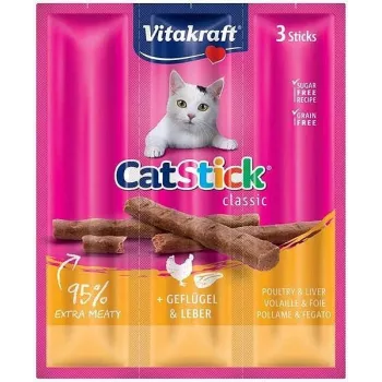 Vitakraft CatStick Mini Poultry Liver kaķu gardums — gaļīgas nūjiņas, 3 gab., 18 g, bezgraudu