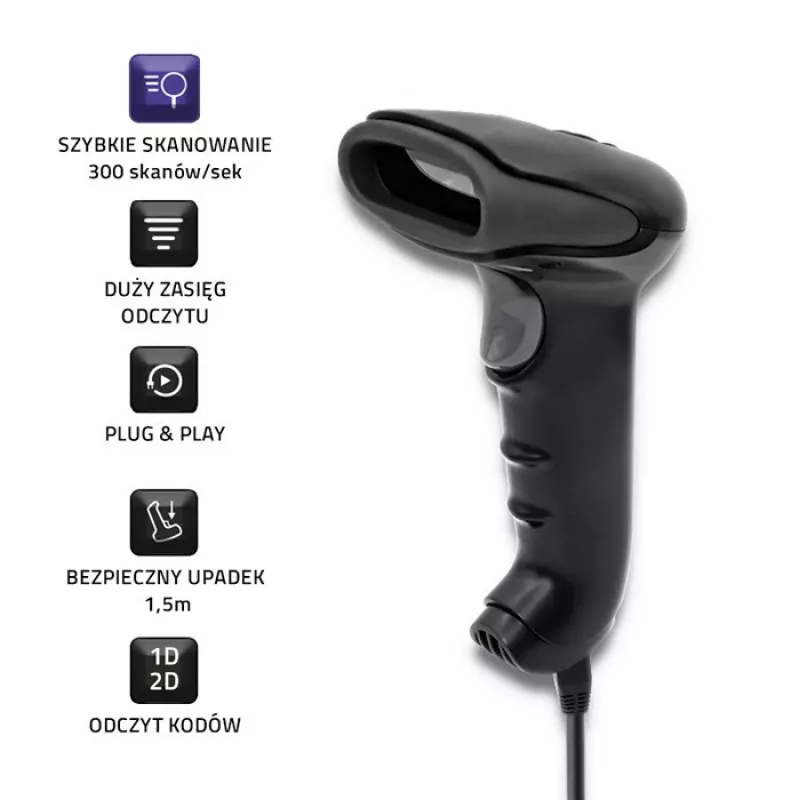 Rokas svītrkodu lasītājs QOLTEC 50868 — 1D/2D lāzera skeneris, USB vads un bezvadu, darba attālums 600 mm, melns