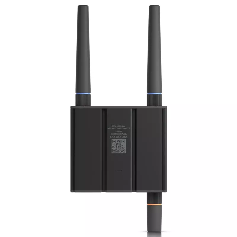 Mobilo tīklu maršrutētājs Ubiquiti UMR-Ultra — 4G LTE, NanoSIM, 2,4 GHz Wi‑Fi, 2x RJ‑45, 3 ārējās SMA antenas, 5–30 V DC