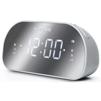 Modinātājpulkstenis Muse M-170CMR — digitālais radio pulkstenis ar 1,2 collu LED displeju, FM uztvērēju, 230V barošanu un AAA rezerves baterijām, spoguļa/baltā krāsā