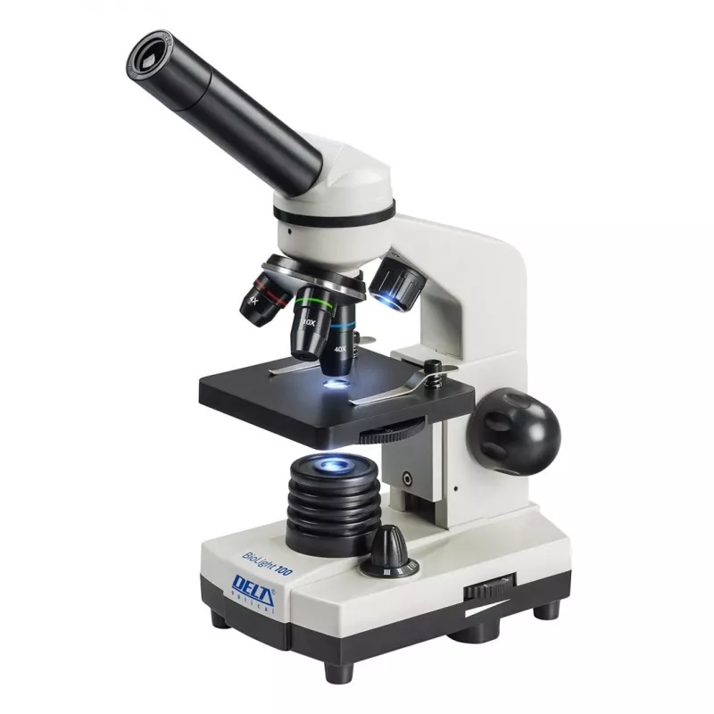 Saliktais optiskais mikroskops Deltaoptical DO-3210 — monokulārs, 3 ahromatiskie objektīvi, LED apgaismojums, 40–400×, 45° slīpa grozāma galva