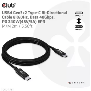 CLUB3D USB4 Gen3x2 Type-C abpusējs kabelis 8K60Hz, Dati 40Gbps, PD 240W(48V/5A) EPR M/M 2m / 6.56ft