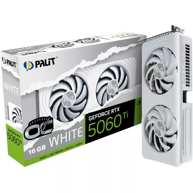 Videokarte Palit GeForce RTX 5060 Ti White OC — GeForce RTX 5060 Ti, 16 GB GDDR7, 128 bitu, PCIe 5.0, 2407 MHz