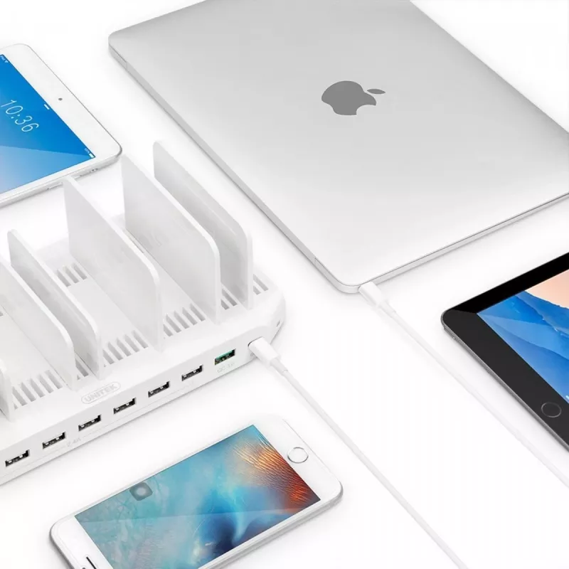 Uzlādes stacija Unitek Y-2190A — 10× USB porti (8×USB 2.0 + 2×USB 3.2 Gen1), bezvadu uzlāde, 96W kopā