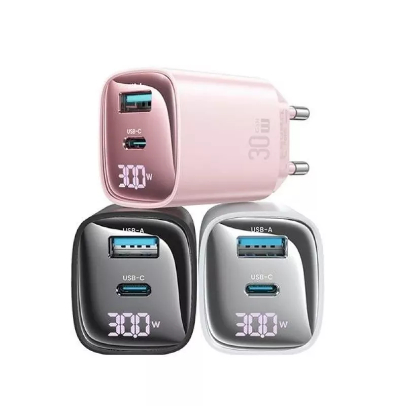 usams CC229 30W GaN ātrais lādētājs balts — USB un USB-C, LED indikators