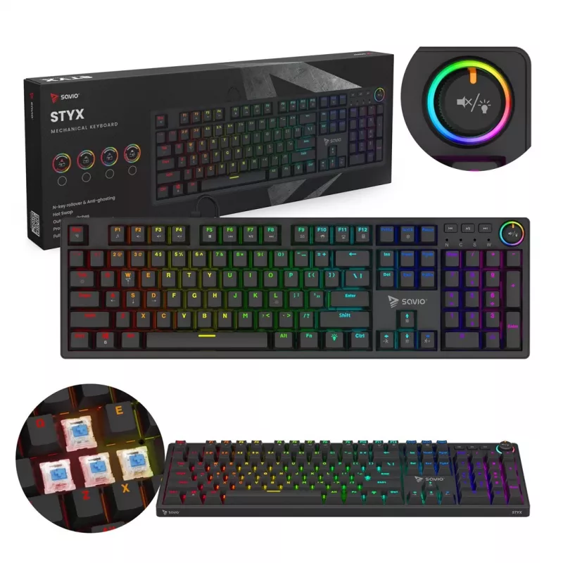 Mehāniskā spēļu tastatūra SAVIO STYX Outemu Blue Hot-Swap RGB USB QWERTY US International Melna 104 taustiņi