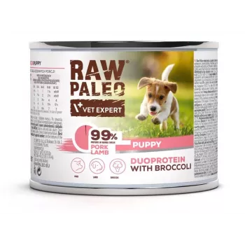 Slapjā suņu barība VETEXPERT RAW PALEO Duoprotein Cūkgaļa & Jērs Kucēniem 200 g, bez lipekļa un sojas, mitrums 81%