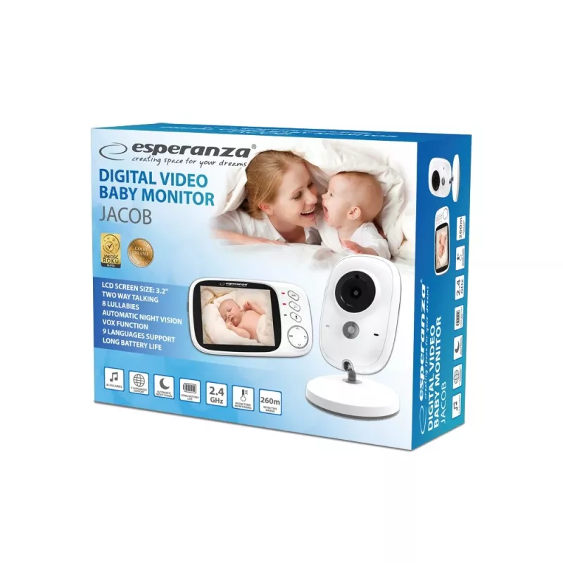Video mazuļa monitors ESPERANZA EHM002 kamera 3.2 collu displejs, 320×240, 50 m diapazons, LiPo 750 mAh, balts