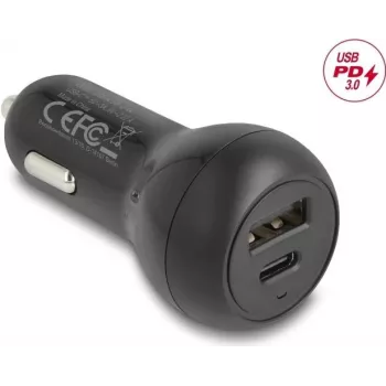 Auto lādētājs DELOCK 64329 — 12–24 V cigarešu šķiltavas USB-C ātra uzlāde viedtālrunim un planšetei, melns
