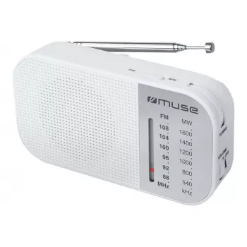 Pārnēsājamais radio Muse M-025 RW — analogais FM/MW, balts, bateriju darbināms, ārējā antena