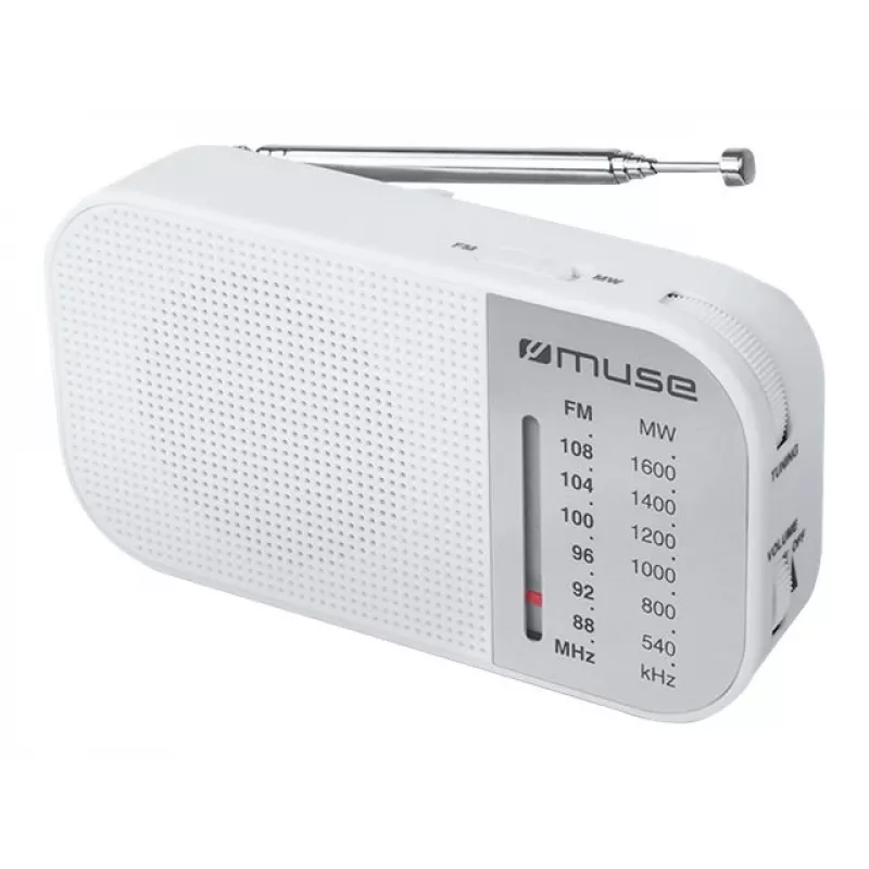 Pārnēsājamais radio Muse M-025 RW — analogais FM/MW, balts, bateriju darbināms, ārējā antena
