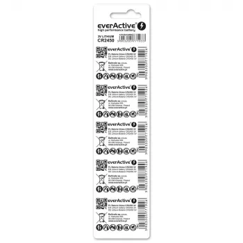 Litija monētu/plakanā baterija everActive CR2450, 3 V, 5 mm augstums — iepakojumā 5 gab.